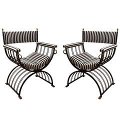 Pair Of Roman Inspired Savonarola Chair In Iron With Brass Ornamentation 9